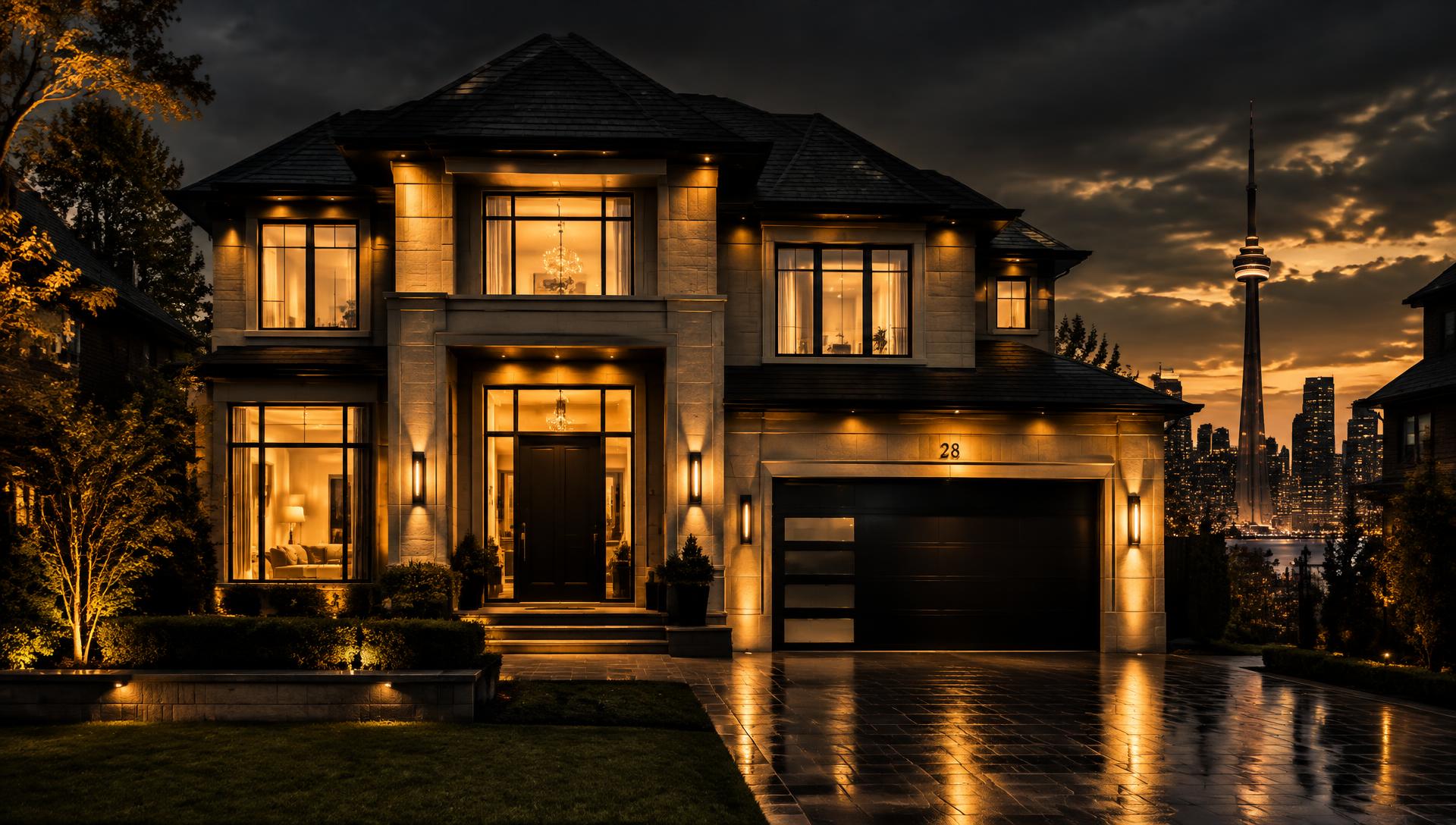 Luxury Toronto home at dusk with the CN Tower in the distance